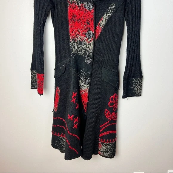 Vintage Concept Black Wool Blend Button Up Sweater Coat with Red Accents Women M - Picture 5 of 11